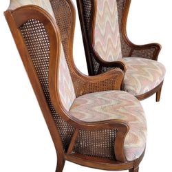 Vintage High Back / Lewittes Cane Wingback Arm Chair With a Chevron-Patterned Upholstery.
