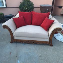 Luxury Loveseat Creamy Beige Accented Trim Carved Wood