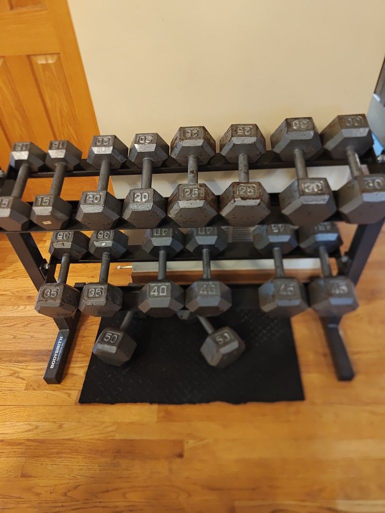 15lb Thru 50lb Metal Hex Dumbbell Set With Rack