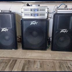 Peavey 15" Speakers, 18" Subwoofer, QSC GX5, GX3 Amps, 14ch Behringer Mixer, Stands