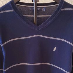 NAUTICA MENS SWEATER-V NECK-SIZE L-BLUE WITH WHITE STRIPES