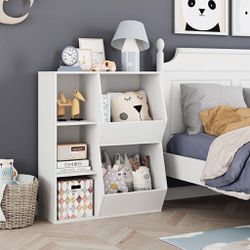 5 CUBBY KIDS BOOKCASE, CHILDREN'S TOY STORAGE CABINET, WIDE TODDLER BOOKSHELF FOR PLAYROOM, READING NOOK, NURSERY, WHITE