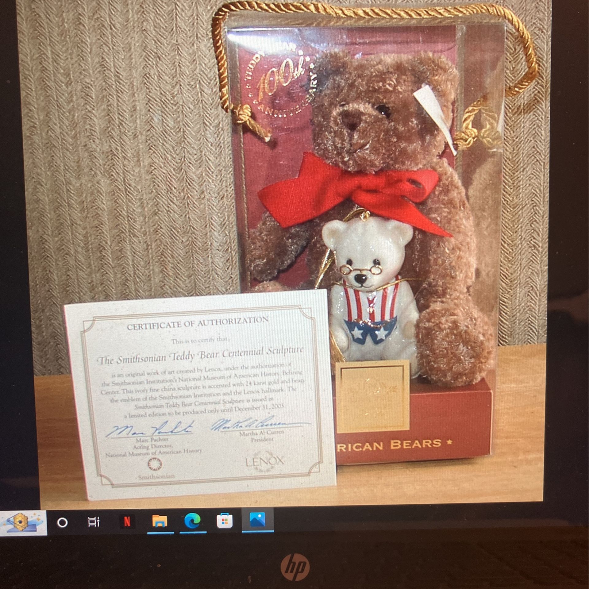Lenox 100th Anniversary American Bear Teddy Bear Plush & Porcelain - New In Box - Created In 2003