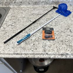 Aquarium supplies, net, scraper, and thermometer 