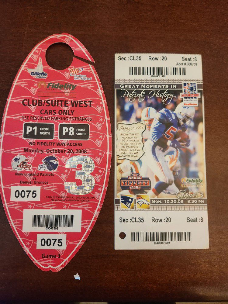 Denver Broncos AT New England Patriots 10/20/2008 Ticket Stub + Parking Pass 