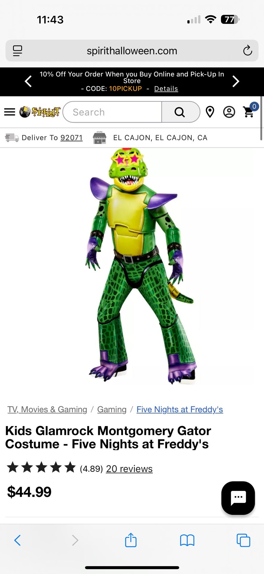 Five Nights At Freddys Security Breach Glamrock Gator Kids Costume 