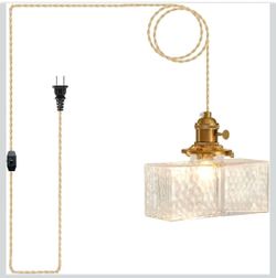 Plug in Pendant Light, Clear Cube Glass Shade Hanging Lamp, 14Ft Industrial Pendant Light