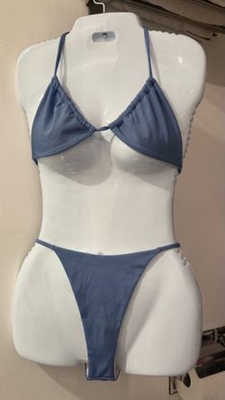 Blue Ribbed Triangle Bikini Set
