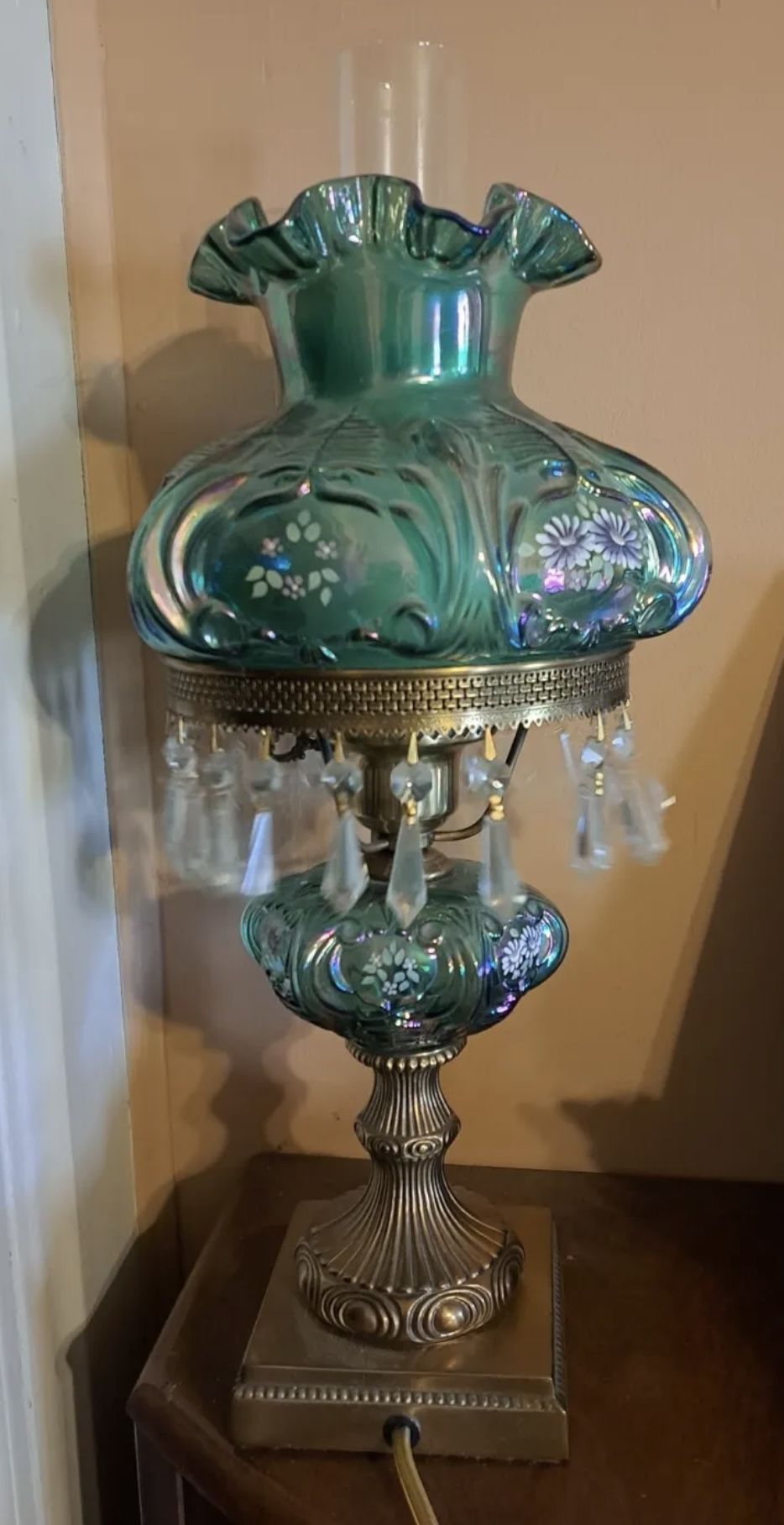 Fenton Spruce Green Carnival Student Lamp Hand Painted Very Rare Mint Condition