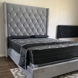 Brand New Queen Size Grey 6foot Tall Bed Frame With New Mattress/Fast Delivery 