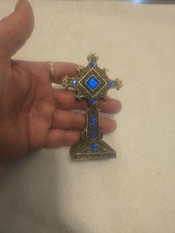 ✨ Ornate Tabletop Cross with Blue Stones – Religious Home Décor ✨