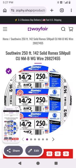Romex wire 250ft 14/2