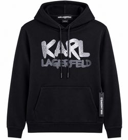 KARL LAGERFELD PARIS Men's Black Logo Fleece Pullover Hoodie Drawstring S