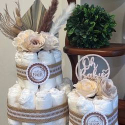BOHO RUSTIC BOHEMIAN baby shower diaper cakes gift centerpieces