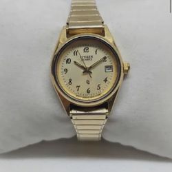 Vintage Gold Toned Citizen CQ QUARTZ  Champagne Dial  Stretch Bracelet 