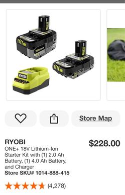 RYOBI ONE+ 18V Lithium-lon Starter Kit with (1) 2.0 Ah Battery, (1) 4.0 Ah Battery, and Charger