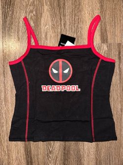 Her Universe Black Rib Cotton Blend Square Neck Deadpool Logo Cami Tank LG