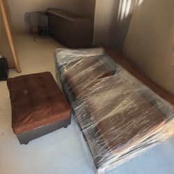 Brown Suede Futon Sofa & Ottoman Set – Comfortable & Space-Saving!