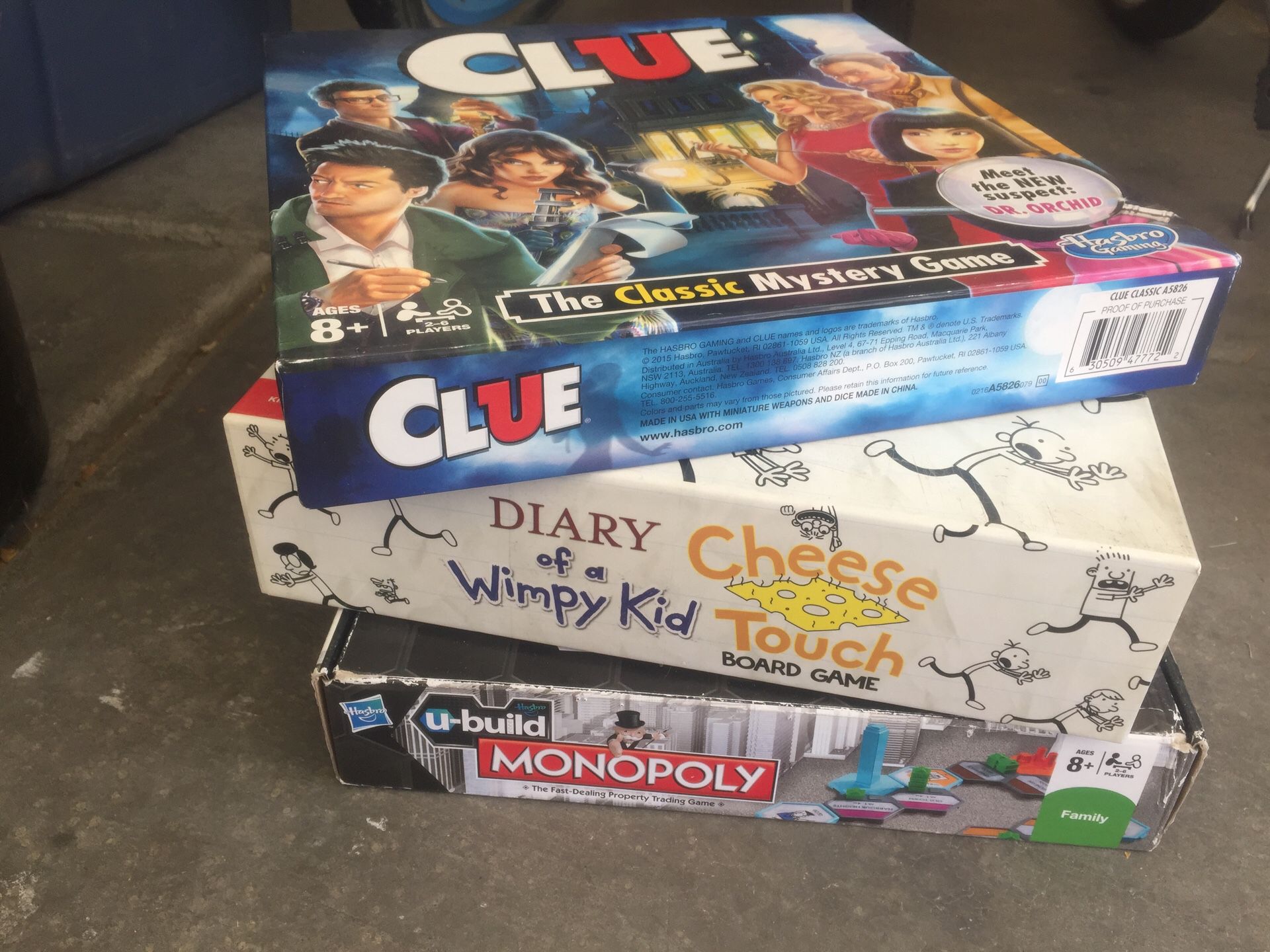 Monopoly, Diary of a wimpy kid, Clue Board games