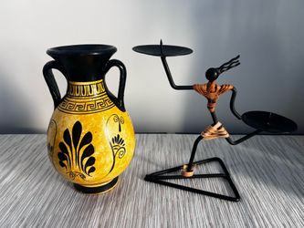 Vintage Mid Century Modern Danish Candle Holder & Greek Ceramic Vase Set
