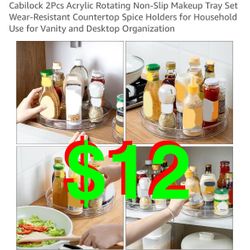 2Pcs Acrylic Rotating Non-Slip Makeup Tray Set Wear-Resistant Countertop Spice Holders for Household Use for Vanity and Desktop Organizatio