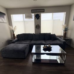 Plush Gray Velour Couch With Movable Leg Rest. + Glass Coffee Tables