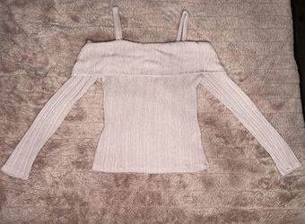 Off-Shoulder Ribbed Knit Top – Size S – Light Pink/Blush