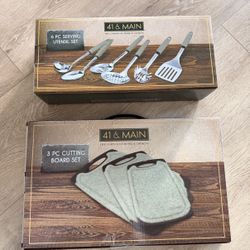 New 3-pc Cutting Board and 6-pc Serving Stainless Utensil Ladle Set 