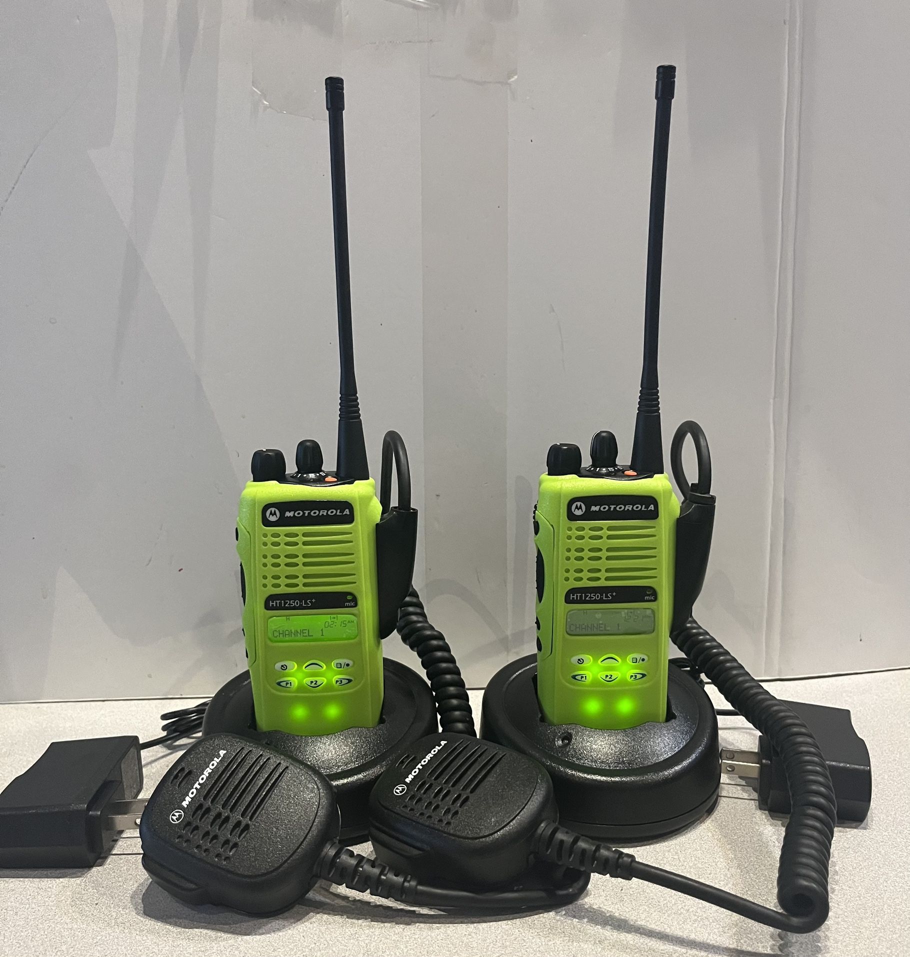 2 X Motorola HT1250 LS+ UHF Two Way Radio Set NEON GREEN W/Speaker Mics 