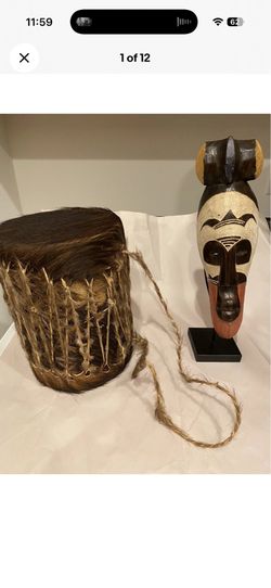 Antique Animal Skin Hide Fur Drum&Wooden Mask Hand Crafted African Tribal Native