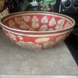 Large Ceramic  Hand Painted Asian Lotus Bowl 15 1/2 Inches