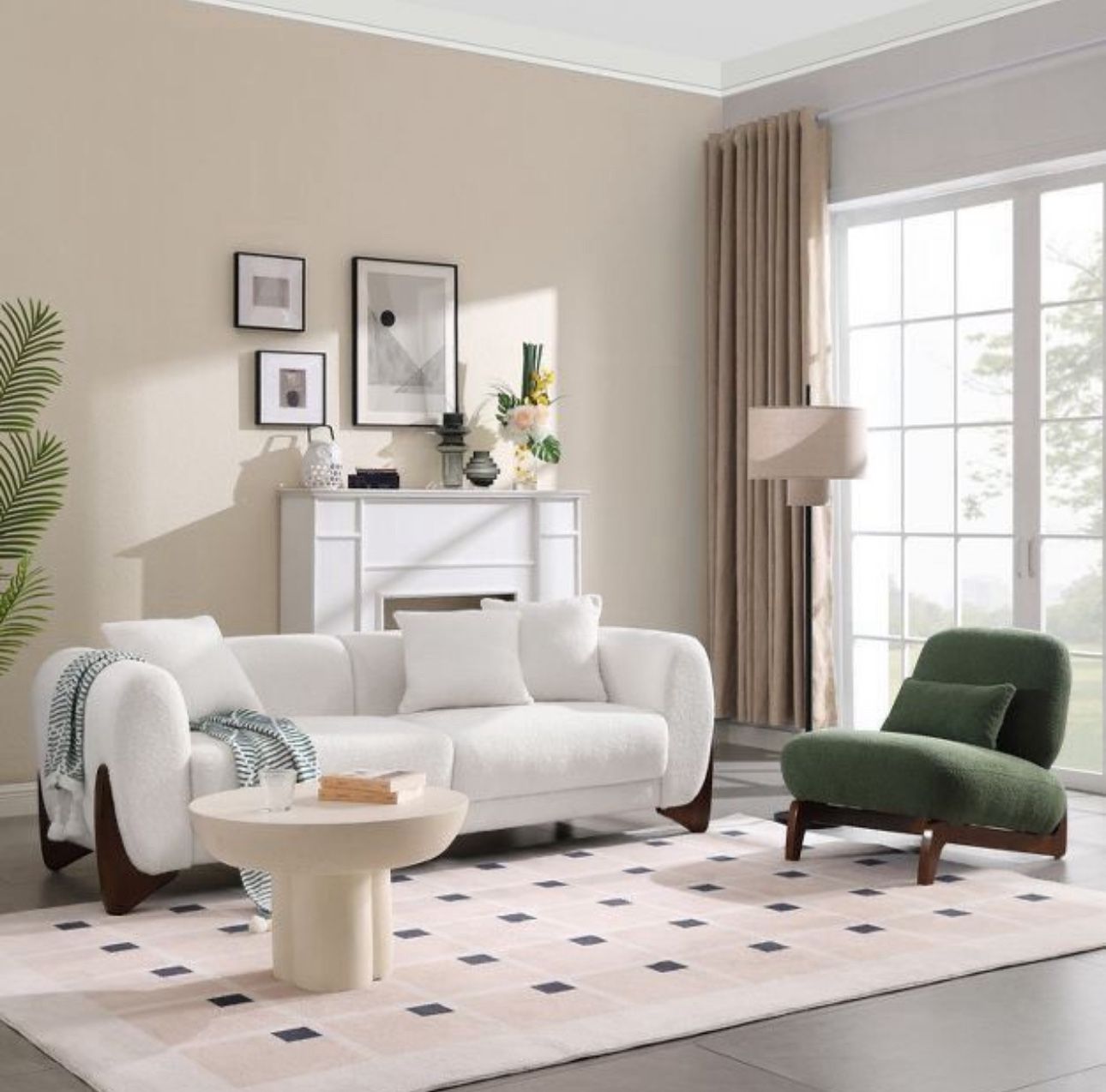 Modern Boucle Fabric Sofa Set - 1 Sofa and 1 chair with Sleek Wooden Legs for Living Room or Home Office