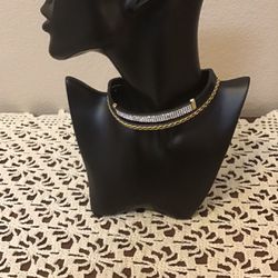 Fashion Gothic Double Strand Black leather with gold chain and Rhinestones Choker Necklace. 