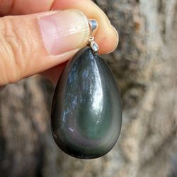 Sterling Silver 925 Stamped Rainbow Obsidian Pendant 