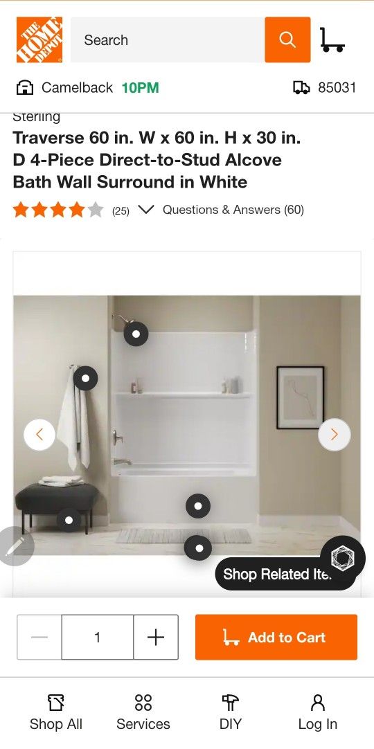 Traverse 60 in. W x 60 in. H x 30 in. D 4-Piece Direct-to-Stud Alcove Bath Wall Surround in White