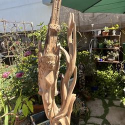 Vintage Balinese Carved Crocodile Wood Dewi Sita  Statue 6 feet tall