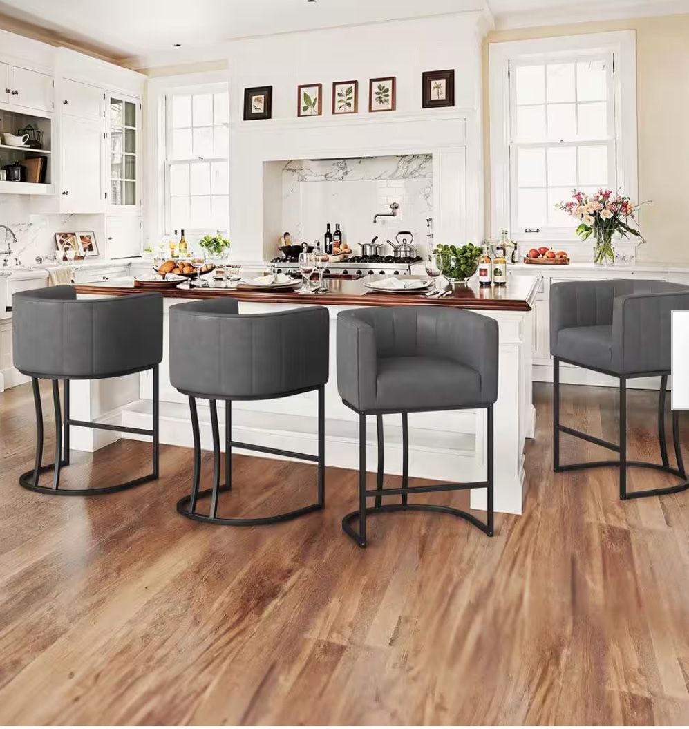 Siska 26 in.Modern Dark Gray Faux Leather Upholstered Counter Stool with Black Metal Frame Barrel Bar Stools
