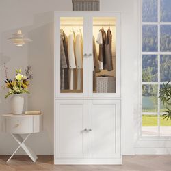 74.8" H 2-Glass Door Wardrobe Armoire, Wardrobe Closet With Smart LED Light, Hanging Bar, And 2 Stor