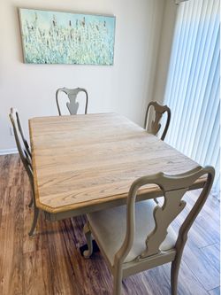 Solid Oak Dining Table + Metal Legs + Queen Ann Chairs