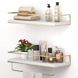 Set of 4 White Floating Shelves , Wall Mounted Hanging Shelves with Golden Towel Rack