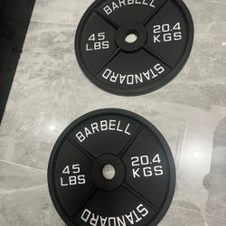 New in box pair of 45lb Olympic weight plates total 90lb the third picture is new plates in box have more if needed same style For Added Price