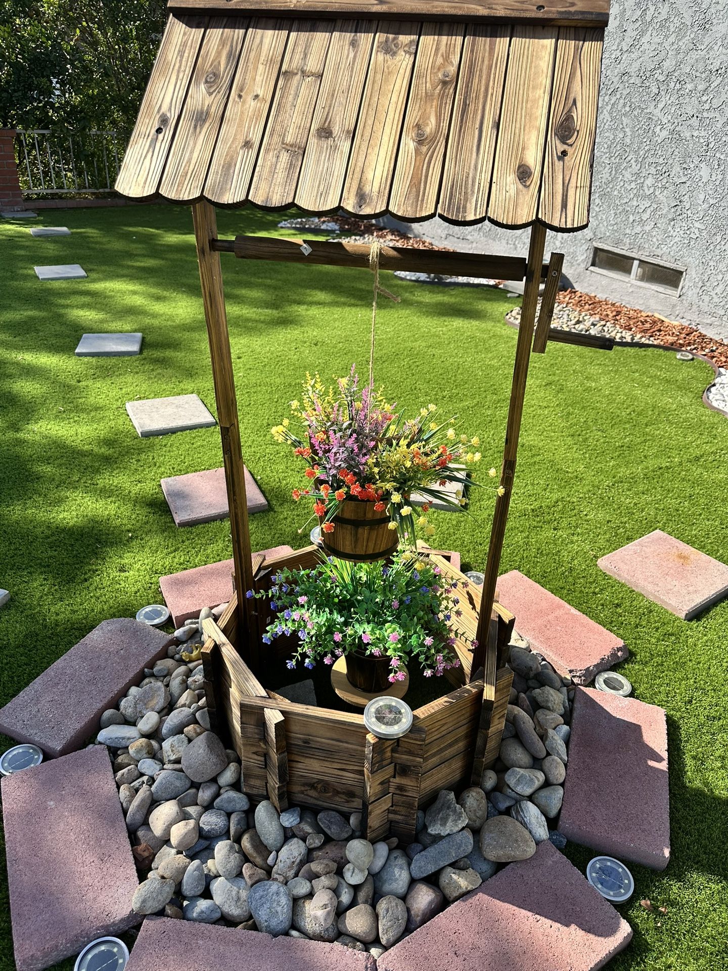 UDPATIO Wishing Wells for Outside, Wooden Wishing Well Planter for Yard, Upgrade Wishing Well with 4 Reinforced Rod & Hanging Bucket for Garden Patio