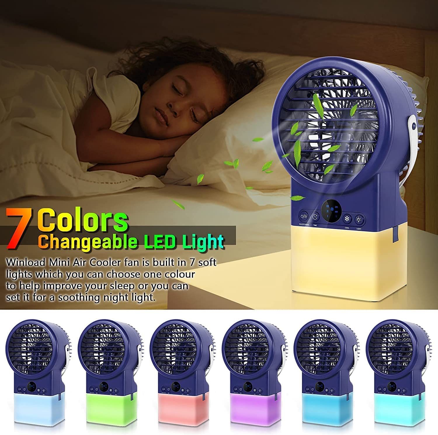 4-in-1 Portable Water Cooled Conditioner Fan, Humidifier, Air Purifier with 7 Colors LED, Personal Space Evaporative Air Cooler with Timer Function, M