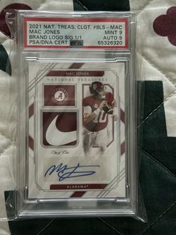 Mac Jones 2021 National Treasures Brand Logo Auto 1/1 PSA 9
