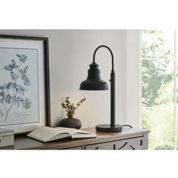 Elmcroft 23.75 in. Matte Black Farmhouse 1-Light Plug-In Table Lamp  with Metal Bell-Shaped Shade - New