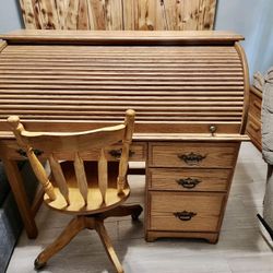 Roll Top Desk And Wooden Office Chair