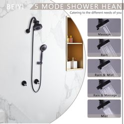 2 Handle Shower Faucet Set, Matte Black 5 Mode Shower Faucet Sets Complete Two Handle Shower Head and Handle Set Bathroom Shower Trim Kit with Rough-i