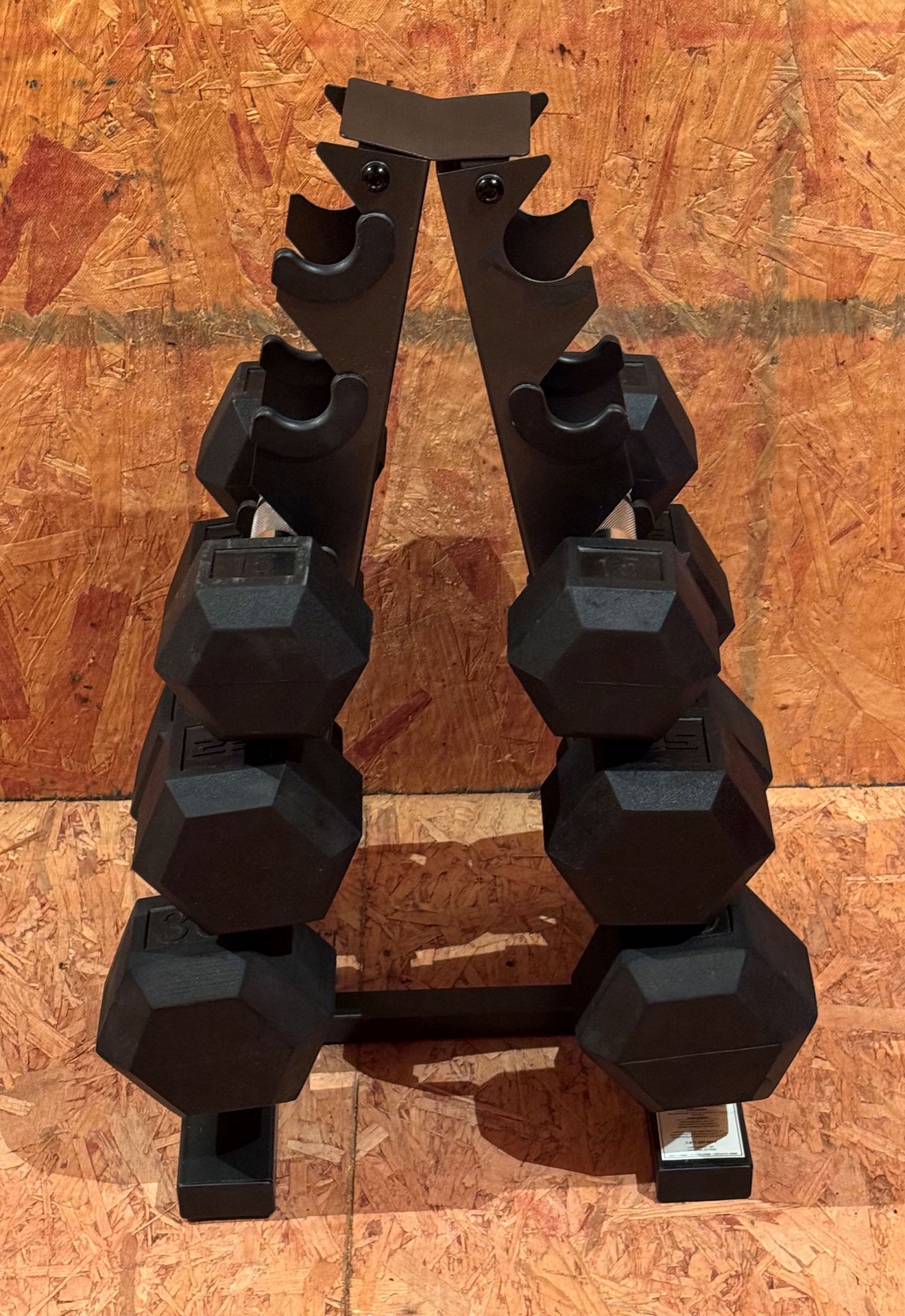 Rubber Hex Dumbbells and Dumbbell Rack