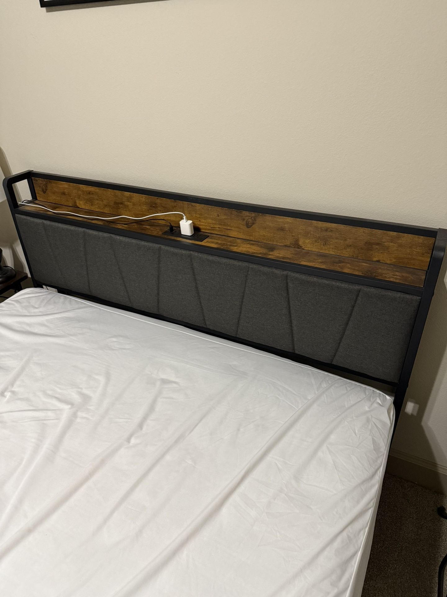 Modern Queen Bed frame With Upholstered headboard And Wood Accents 