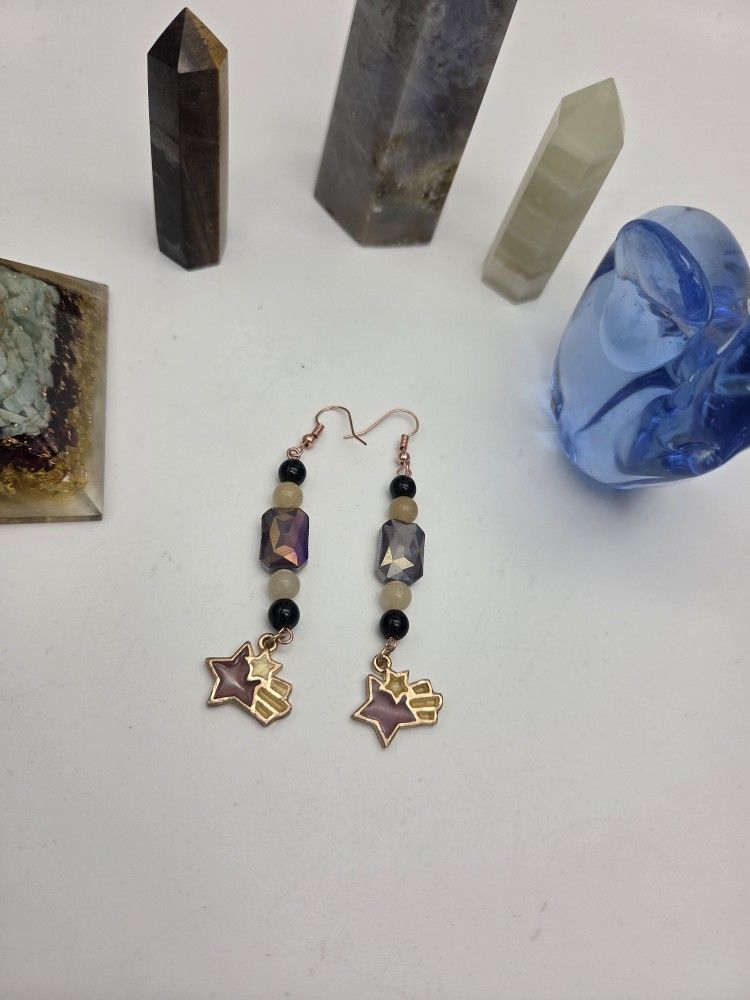 Hand Crafted Yellow and Purple Celestrial Beaded Earrings